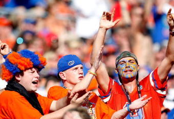 JACKSONVILLE, FL - OCTOBER 31:  Fans of the Florida Gators cheer against the Georgia Bulldogs at Jacksonville Municipal Stadium on October 31, 2009 in Jacksonville, Florida.  (Photo by Kevin C. Cox/Getty Images)