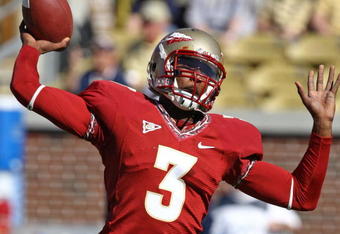 ATLANTA - NOVEMBER 1:  Quarterback E.J. Manuel #3 of the Florida State Seminoles throws a practice pass before the game against the Georgia Tech Yellow Jackets  at Bobby Dodd Stadium at Historic Grant Field on November 1, 2008 in Atlanta, Georgia.  Georgia Tech beat Florida State 31-28.  (Photo by Mike Zarrilli/Getty Images)