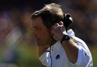 TAMPA, FL - JANUARY 01: Head coach Kirk Ferentz of the Iowa Hawkeyes is seen during the game against the South Carolina Gamecocks during the Outback Bowl on January 1, 2009 at Raymond James Stadium in Tampa, Florida.  (Photo by Scott Halleran/Getty Images)
