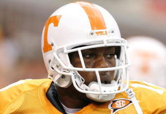 KNOXVILLE, TN - SEPTEMBER 12: Eric Berry #14 of the Tennessee Volunteers looks on against the UCLA Bruins on September 12, 2009 at Neyland Stadium in Knoxville, Tennessee. UCLA beat Tennessee 19-15. (Photo by Joe Murphy/Getty Images)