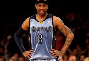 LOS ANGELES, CA - NOVEMBER 06:  Allen Iverson #3 of the Memphis Grizzlies staands on the court in the game against the Los Angeles Lakers on November 6, 2009 at Staples Center in Los Angeles, California. The Lakers won 114-98.  NOTE TO USER: User expressly acknowledges and agrees that, by downloading and/or using this Photograph, user is consenting to the terms and conditions of the Getty Images License Agreement.  (Photo by Stephen Dunn/Getty Images)