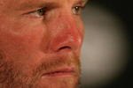 GREEN BAY, WI - MARCH 06: Quarterback Brett Favre of the Green Bay Packers listens to a question at his retirement press conference on March 6, 2008 at Lambeau Field in Green Bay, Wisconsin. (Photo by Jonathan Daniel/Getty Images)