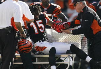 CINCINNATI - NOVEMBER 8: Chris Henry #15 of the Cincinnati Bengals is taken off the field with a left arm injury after being tackled by Lardarius Webb #21 of the Baltimore Ravens at Paul Brown Stadium on November 8, 2009 in Cincinnati, Ohio.  (Photo by John Sommers II/Getty Images)