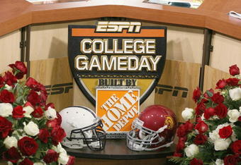 PASADENA, CA - JANUARY 1:  Detail view of the ESPN College Game Day set after the game between the Penn State Nittany Lions and the USC Trojans on January 1, 2009 at the Rose Bowl in Pasadena, California.  USC won 38-24.  (Photo by Jeff Golden/Getty Images)