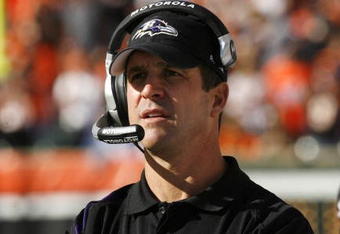 CINCINNATI - NOVEMBER 8: Head coach John Harbaugh of the Baltimore Ravens reacts to his team's play against the Cincinnati Bengals in their NFL game at Paul Brown Stadium November 8, 2009 in Cincinnati, Ohio.    (Photo by John Sommers II/Getty Images)