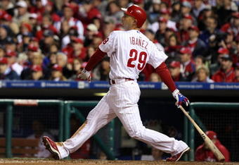 PHILADELPHIA - NOVEMBER 02:  Raul Ibanez #29 of the Philadelphia Phillies hits a solo home run in the bottom of the seventh inning against the New York Yankees in Game Five of the 2009 MLB World Series at Citizens Bank Park on November 2, 2009 in Philadelphia, Pennsylvania.  (Photo by Nick Laham/Getty Images)