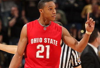 INDIANAPOLIS - MARCH 15:  Evan Turner #21 of the Ohio State Buckeyes gestures on court against the Purdue Boilermakers during the final of the Big Ten Men's Basketball Tournament at Conseco Fieldhouse on March 15, 2009 in Indianapolis, Indiana.  (Photo by Jonathan Daniel/Getty Images)