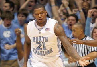 CHAPEL HILL, NC - FEBRUARY 03:  Deon Thompson #21 of the North Carolina Tar Heels celebrates as he runs downcourt against the Maryland Terrapins during the game on February 3, 2009 at the Dean E. Smith Center in Chapel Hill, North Carolina.  (Photo by Kevin C. Cox/Getty Images)