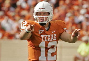 AUSTIN, TX - NOVEMBER 07:  Quarterback Colt McCoy #12 of the Texas Longhorns calls out the defense against the UCF Knights on November 7, 2009 at Darrell K Royal - Texas Memorial Stadium in Austin, Texas.  Texas won 35-3.  (Photo by Brian Bahr/Getty Images)