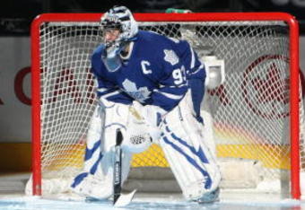 TORONTO - JANUARY 31:  Vesa Toskala of the Toronto Maple Leafs stands in the net before the game against the Pittsburgh Penguins at Air Canada Centre on January 31, 2009 in Toronto, Ontario, Canada. Toskala wore the #93 jersey of Doug Gilmour, whose jersey was raised to the rafters in a ceremony before the game. (Photo by Dave Sandford/Getty Images)