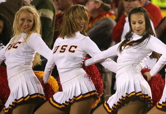 LOS ANGELES, CA - NOVEMBER 03:  The USC Trojans song girls, (L-R) Sara, Jenny and Diana perform during the college football game against the Oregon State Beavers at the Los Angeles Memorial Coliseum on November 3, 2007 in Los Angeles, California. USC defeated Oregon State 24-3.  (Photo by Christian Petersen/Getty Images)