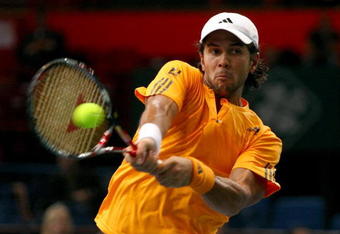 PARIS - NOVEMBER 10:  Fernando Verdasco of Spain in action during his second round match against Andreas Seppi of Italy during the ATP Masters Series at the Palais Omnisports De Paris-Bercy on November 10, 2009 in Paris, France.  (Photo by Clive Rose/Getty Images)