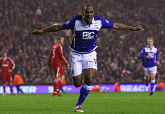 LIVERPOOL, ENGLAND - NOVEMBER 09:  Cameron Jerome of Birmingham City celebrates scoring his team's second goal during the Barclays Premier League match between Liverpool and Birmingham City at Anfield on November 9, 2009 in Liverpool, England.  (Photo by Alex Livesey/Getty Images)