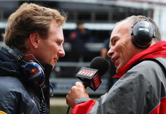NURBURG, GERMANY - JULY 10:  Red Bull Racing Team Principal Christian Horner (L) is interviewed by Peter Windsor (R) during practice for the German Formula One Grand Prix at Nurburgring on July 10, 2009 in Nurburg, Germany.  (Photo by Mark Thompson/Getty Images)