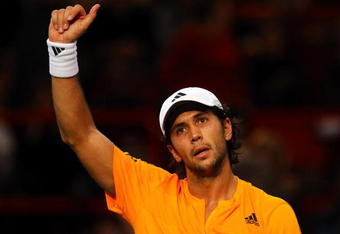 PARIS - NOVEMBER 10:  Fernando Verdasco of Spain celebrates wiining his second round match against Andreas Seppi of Italy during the ATP Masters Series at the Palais Omnisports De Paris-Bercy on November 10, 2009 in Paris, France.  (Photo by Clive Rose/Getty Images)