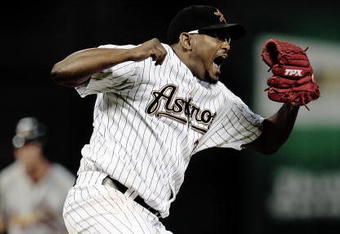 HOUSTON - SEPTEMBER 23:  Houston Astros pitcher Jose Valverde #47 of the Houston Astros  reacts after striking out Julio Lugo #12 of the St. Louis Cardinals in then ninth inning to end the game at Minute Maid Park on September 23, 2009 in Houston, Texas. Houston Won 3-0. (Photo by Bob Levey/Getty Images)