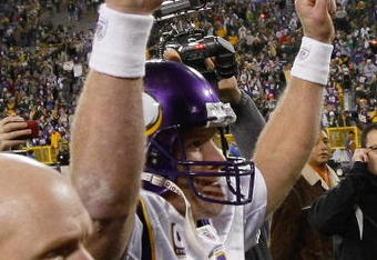 GREEN BAY, WI - NOVEMBER 1: Quarterback Brett Favre #4 of the Minnesota Vikings walks off the field after the game against the Green Bay Packers at Lambeau Field on November 1, 2009 in Green Bay, Wisconsin. The Vikings defeated the Packers 38-26. (Photo by Scott Boehm/Getty Images)