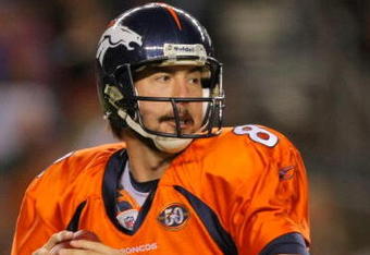 DENVER - NOVEMBER 09: Kyle Orton of the Denver Broncos drops back to pass at Invesco Field at Mile High on November 09, 2009 in Denver, Colorado. (Photo by Doug Pensinger/Getty Images)