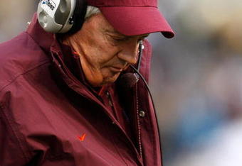 ATLANTA - OCTOBER 17:  Head coach Frank Beamer of the Virginia Tech Hokies walks to the sideline after a play call against the Georgia Tech Yellow Jackets at Bobby Dodd Stadium on October 17, 2009 in Atlanta, Georgia.  (Photo by Kevin C. Cox/Getty Images)