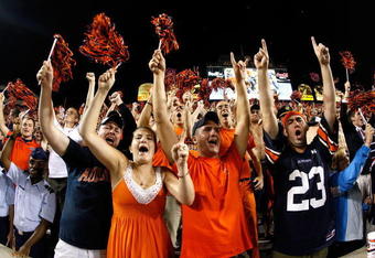 AUBURN, AL - SEPTEMBER 19:  Fans of the Auburn Tigers cheer against the West Virginia Mountaineers at Jordan-Hare Stadium on September 19, 2009 in Auburn, Alabama.  (Photo by Kevin C. Cox/Getty Images)