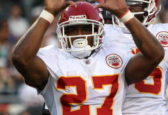 CHICAGO - AUGUST 07: Larry Johnson #27 of the Kansas City Chiefs celebrates a first quarter touchdown against the Chicago Bears on August 7, 2008 at Soldier Field in Chicago, Illinois. (Photo by Jonathan Daniel/Getty Images)