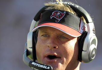 TAMPA, FL - DECEMBER 28: Coach Jon Gruden of the Tampa Bay Buccaneers directs play against the Oakland Raiders at Raymond James Stadium on December 28, 2008 in Tampa, Florida.  (Photo by Al Messerschmidt/Getty Images)