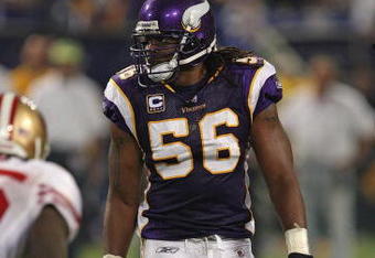 MINNEAPOLIS - SEPTEMBER 27: E.J.  Henderson #56 of the Minnesota Vikings awaits the start of play against the San Francisco 49ers at the Hubert H. Humphrey Metrodome on September 27, 2009 in Minneapolis, Minnesota. The Vikings defeated the 49ers 27-24. (Photo by Jonathan Daniel/Getty Images)