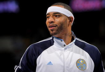 DENVER - OCTOBER 28:  Kenyon Martin #4 of the Denver Nuggets warms up prior to facing the Utah Jazz during NBA action at Pepsi Center on October 28, 2009 in Denver, Colorado. The Nuggets defeated the Jazz 114-105.  (Photo by Doug Pensinger/Getty Images)