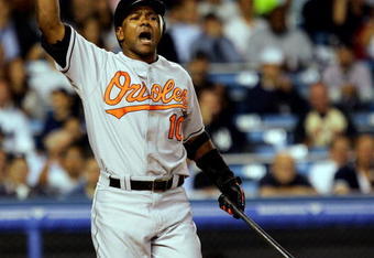 NEW YORK - SEPTEMBER 19: Miguel Tejada #10 of the Baltimore Orioles reacts to striking out against the New York Yankees during their game at Yankee Stadium on September 19, 2007 in the Bronx borough of New York City.  (Photo by Jim McIsaac/Getty Images)