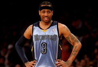 LOS ANGELES, CA - NOVEMBER 06:  Allen Iverson #3 of the Memphis Grizzlies staands on the court in the game against the Los Angeles Lakers on November 6, 2009 at Staples Center in Los Angeles, California. The Lakers won 114-98.  NOTE TO USER: User expressly acknowledges and agrees that, by downloading and/or using this Photograph, user is consenting to the terms and conditions of the Getty Images License Agreement.  (Photo by Stephen Dunn/Getty Images)