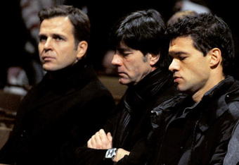 HANOVER, GERMANY - NOVEMBER 11:  (L-R)  Oliver Bierhoff, team manager of the german football assisation, Joachim Loew, head coach of the german national football team and Michael Ballack attend the mourning service for Robert Enke at the Marktkirche on November 11, 2009 in Hanover, Germany. Enke, 32, goalkeeper for Hannover 96 and the German national team, was struck and killed yesterday by a train at Neustadt am Rubenberge. Police have today confirmed that it was suicide.  (Photo by Jochen Luebke-Pool/Getty Images)