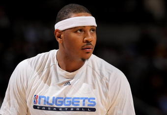 DENVER - OCTOBER 28:  Carmelo Anthony #15 of the Denver Nuggets warms up prior to facing the Utah Jazz during NBA action at Pepsi Center on October 28, 2009 in Denver, Colorado. The Nuggets defeated the Jazz 114-105.  (Photo by Doug Pensinger/Getty Images)