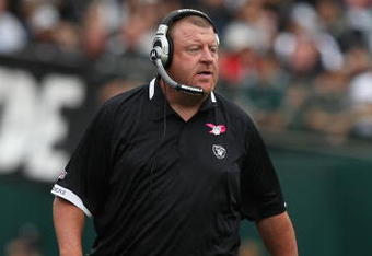 OAKLAND, CA - OCTOBER 18:  Head coach Tom Cable of the Oakland Raiders looks on against the Philadelphia Eagles during an NFL game at the Oakland-Alameda County Coliseum on October 18, 2009 in Oakland, California.  (Photo by Jed Jacobsohn/Getty Images)