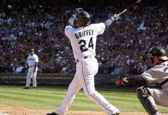 SEATTLE - SEPTEMBER 20:  Ken Griffey Jr #24 of the Seattle Mariners makes a hit during the game against the New York Yankees on September 20, 2009 at Safeco Field in Seattle, Washington. (Photo by Otto Greule Jr/Getty Images)  