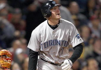 BOSTON - APRIL 29: Lyle Overbay #17 of the Toronto Blue Jays connects with a pitch during the MLB game against the Boston Red Sox on April 29, 2008 at Fenway Park in Boston, Massachusetts. (Photo by Elsa/Getty Images)