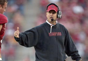 STANFORD - NOVEMBER 15:  Head coach Jim Harbaugh of the Stanford Cardinals coaches on the sidelines during the game against the USC Trojans at Stanford Stadium on November 15, 2008 in Stanford, California. (Photo by: Jed Jacobsohn/Getty Images)
