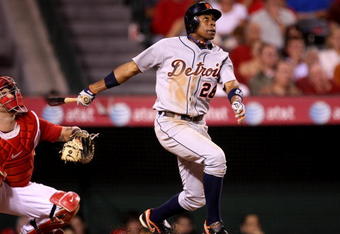 ANAHEIM, CA - AUGUST 24:  Curtis Granderson #28 of the Detroit Tigers bats against the Los Angeles Angels of Anaheim on August 24, 2009 at Angel Stadium in Anaheim, California.  (Photo by Stephen Dunn/Getty Images)