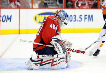 WASHINGTON - NOVEMBER 11:  Semyon Varlamov #40 of the Washington Capitals makes a save against the New York Islanders at the Verizon Center on November 11, 2009 in Washington, DC.  The Capitals won the game 5-4 in a shootout.  (Photo by Greg Fiume/Getty Images)