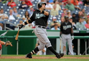 WASHINGTON - AUGUST 06:  First baseman Nick Johnson #20 of the Florida Marlins takes an at bat against the Washington Nationals at Nationals Park on August 6, 2009 in Washington, DC. The Nationals defeated the Marlins 12-8.  (Photo by Doug Pensinger/Getty Images)