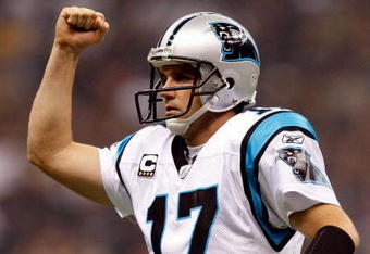 NEW ORLEANS - NOVEMBER 08:  Quarterback Jake Delhomme #17 of the Carolina Panthers reacts after a touchdown against the New Orleans Saints at Louisiana Superdome on November 8, 2009 in New Orleans, Louisiana.  (Photo by Ronald Martinez/Getty Images)