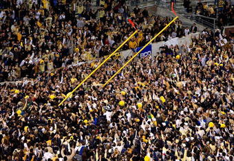 ATLANTA - OCTOBER 17:  Fans bring down the goal post in the North End Zone after the Georgia Tech Yellow Jackets 28-23 win over the Virginia Tech Hokies at Bobby Dodd Stadium on October 17, 2009 in Atlanta, Georgia.  (Photo by Kevin C. Cox/Getty Images)
