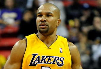 LAS VEGAS - OCTOBER 15:  Derek Fisher #2 of the Los Angeles Lakers brings the ball up the court against the Sacramento Kings during their preseason game at the Thomas & Mack Center October 15, 2009 in Las Vegas, Nevada. NOTE TO USER: User expressly acknowledges and agrees that, by downloading and/or using this Photograph, user is consenting to the terms and conditions of the Getty Images License Agreement.  (Photo by Ethan Miller/Getty Images)