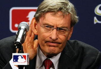 PHILADELPHIA - OCTOBER 27:  Major League Baseball commissioner Bud Selig listens to a question from the media after explaining the rules involved with suspending game five of the 2008 MLB World Series between the Philadelphia Phillies and the Tampa Bay Rays till 8:00 pm (EST) on October 28 at the earliest of the Philadelphia Phillies at a press conference on October 27, 2008 at Citizens Bank Park in Philadelphia, Pennsylvania.  (Photo by Elsa/Getty Images)