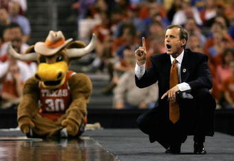 HOUSTON - MARCH 30:  Head coach Rick Barnes of the Texas Longhorns calls a play during the fourth round game of the South Regional against the Memphis Tigers as part of 2008 NCAA Men's Basketball Tournament at Reliant Stadium on March 30, 2008 in Houston, Texas.  (Photo by Ronald Martinez/Getty Images)
