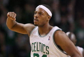 BOSTON - NOVEMBER 01:  Paul Pierce #34 of the Boston Celtics celebrates a three point shot in the fourth quarter against the New Orleans Hornets at the TD Garden on November 1, 2009 in Boston, Massachusetts. The Celtics defeated the Hornets 97-87. NOTE TO USER: User expressly acknowledges and agrees that, by downloading and or using this photograph, User is consenting to the terms and conditions of the Getty Images License Agreement.  (Photo by Elsa/Getty Images)