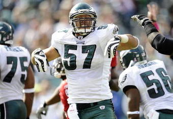 PHILADELPHIA - OCTOBER 11:  Chris Gocong #57 of the Philadelphia Eagles reacts during a game against the Tampa Bay Buccaneers at Lincoln Financial Field on October 11, 2009 in Philadelphia, Pennsylvania.  (Photo by Jeff Zelevansky/Getty Images)