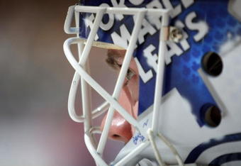 TORONTO, ON - NOVEMBER 07: Goaltender Jonas Gustavsson #50 of the Toronto Maple Leafs warms up prior to his game against the Detroit Red Wings at the Air Canada Centre on November 7, 2009 in Toronto, Canada. (Photo by Bruce Bennett/Getty Images)
