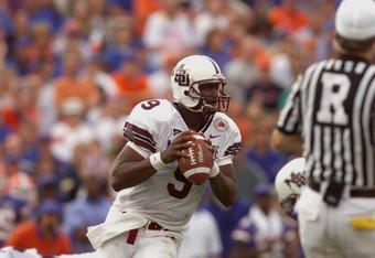GAINESVILLE, FL - SEPTEMBER 29:  Quarterback Wayne Madkin #9 of Mississippi State looks to throw against Florida during the game at Florida Field in Gainesville, Florida on September 29, 2001.  Florida crushed Mississippi State 52-0.  (Photo by Andy Lyons/Getty Images)   