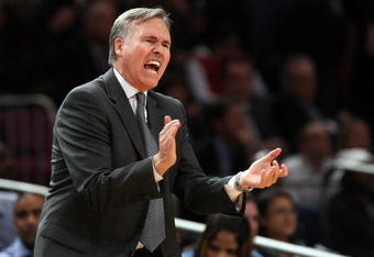 NEW YORK - NOVEMBER 09: Head coach of the New York Knicks, Mike D'Antoni yells from the sidline against  the Utah Jazz at Madison Square Garden on November 9, 2009 in New York City.  NOTE TO USER: User expressly acknowledges and agrees that, by downloading and/or using this Photograph, User is consenting to the terms and conditions of the Getty Images License Agreement.  (Photo by Nick Laham/Getty Images)