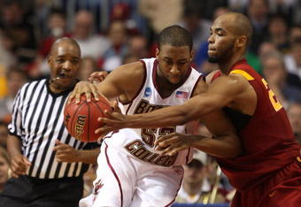 MINNEAPOLIS - MARCH 20:  Josh Southern #52 of the Boston College Eagles drives against Taj Gibson #22 of the USC Trojans during the first round of the NCAA Division I Men's Basketball Tournament at the Hubert H. Humphrey Metrodome on March 20, 2009 in Minneapolis, Minnesota. USC won 72-55. (Photo by Jonathan Daniel/Getty Images)